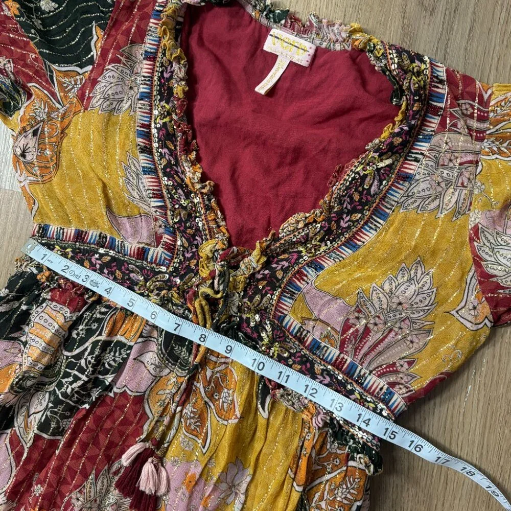 Anthropologie Beaded Shimmer Mini Dress M medium Verb metallic v-neck red yellow